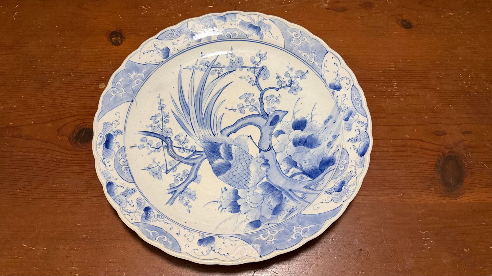 19th Century Japanese Hand-Painted Blue and White Porcelain Charger With Roosters - 9