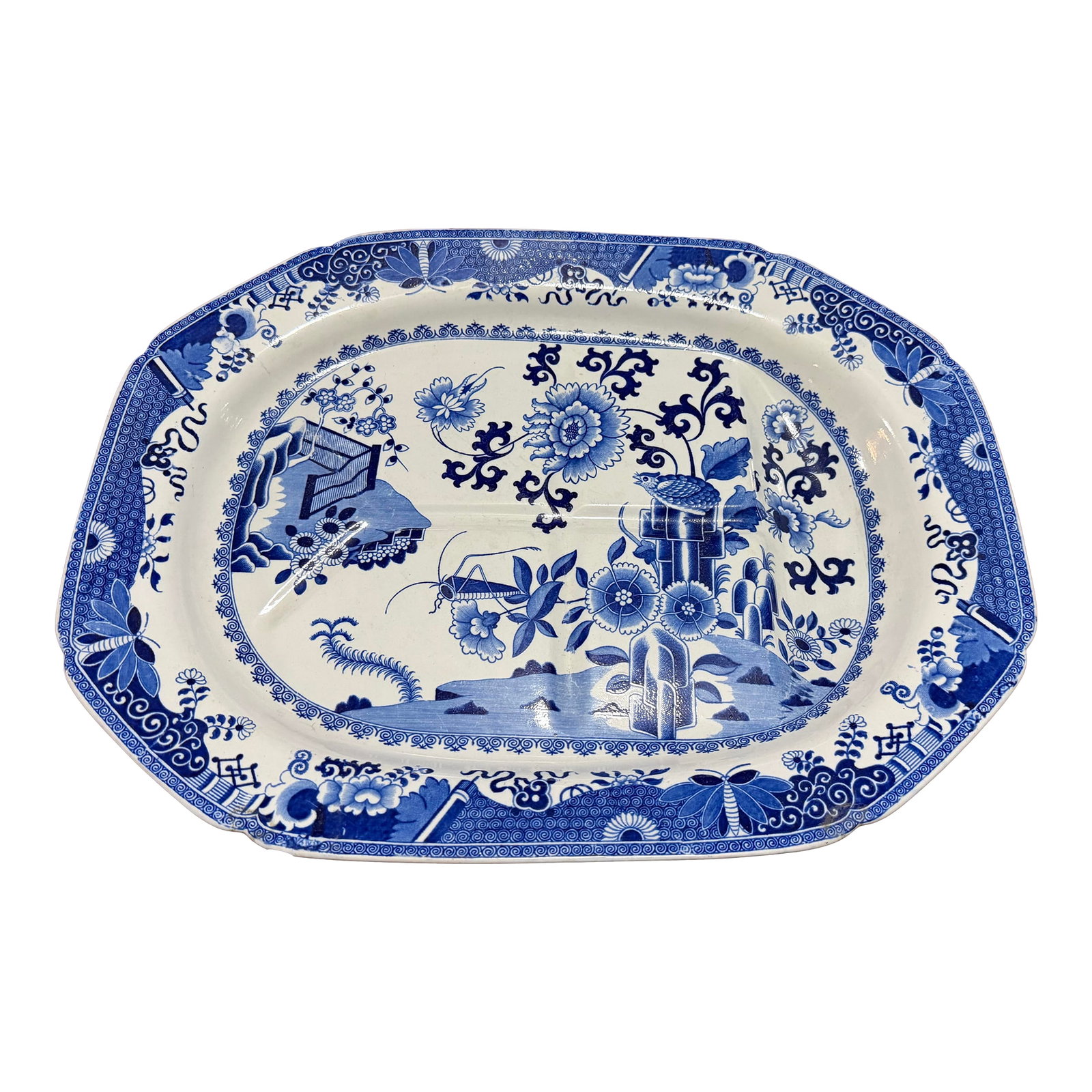 Antique Spode Pearlware Blue Transfer "Bird & Grasshopper" Chinoiserie Tree in the Well Meat Platter: Antique Spode Pearlware Blue Transfer "Bird & Grasshopper" Chinoiserie Tree in the Well Meat Platter, Circa 1820 A rare and thoroughly distinguished example of early 19th century Spode pearlware at it