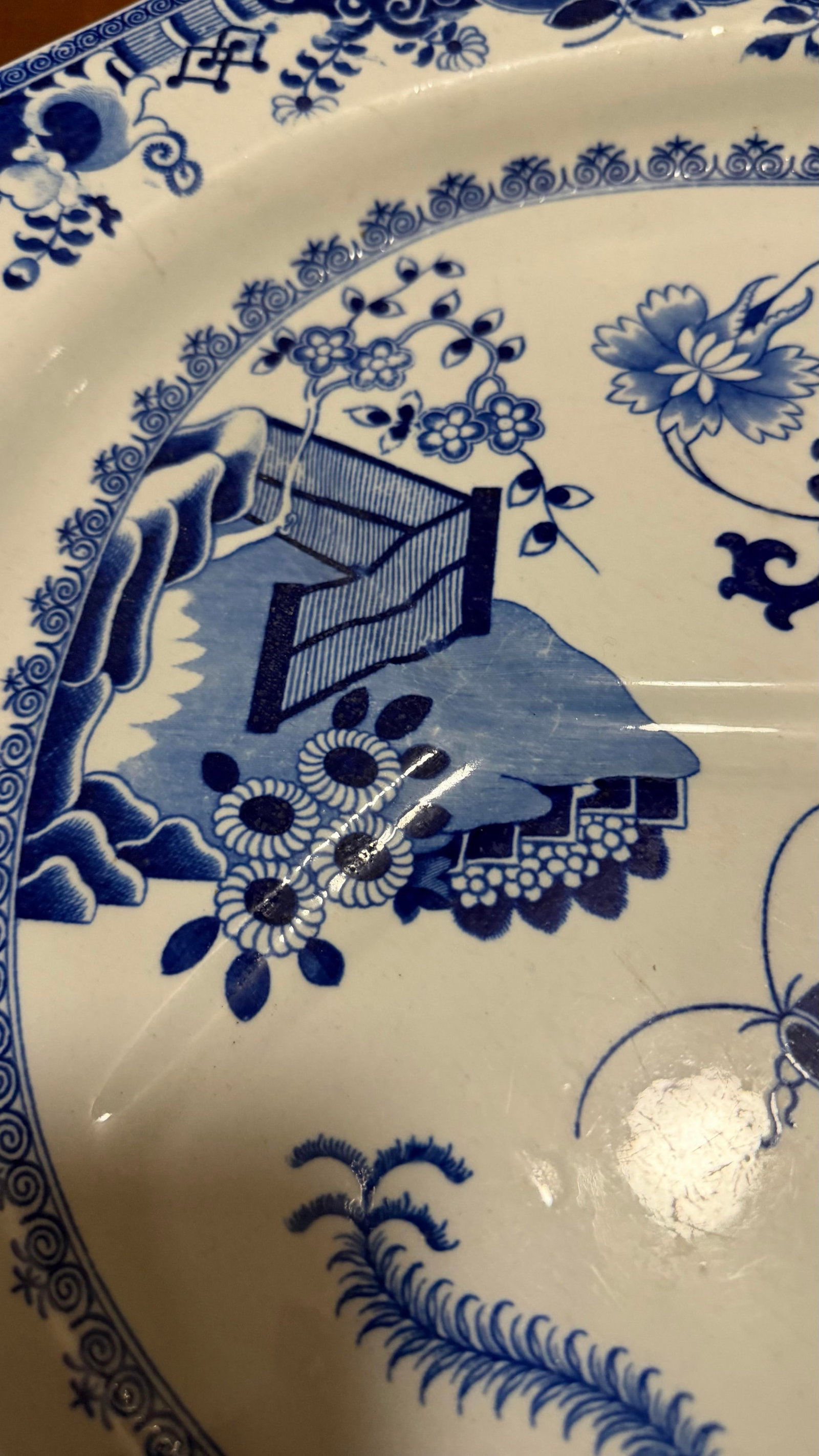 Antique Spode Pearlware Blue Transfer "Bird & Grasshopper" Chinoiserie Tree in the Well Meat Platter - 2