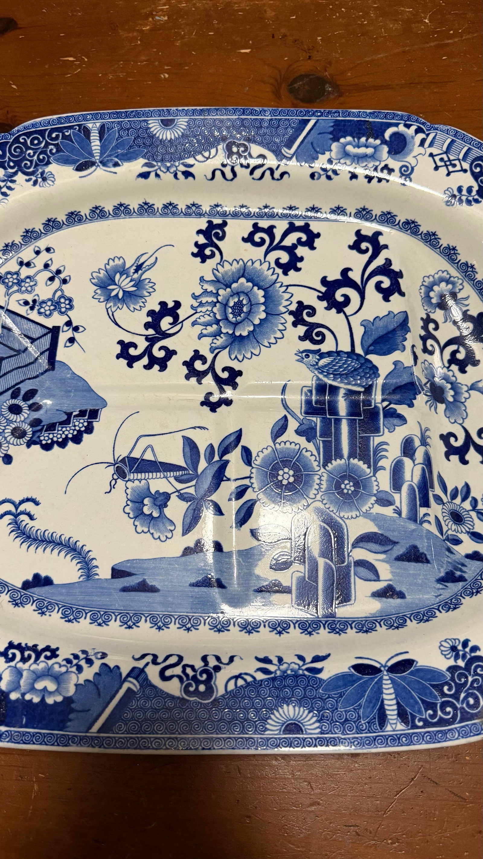 Antique Spode Pearlware Blue Transfer "Bird & Grasshopper" Chinoiserie Tree in the Well Meat Platter - 3
