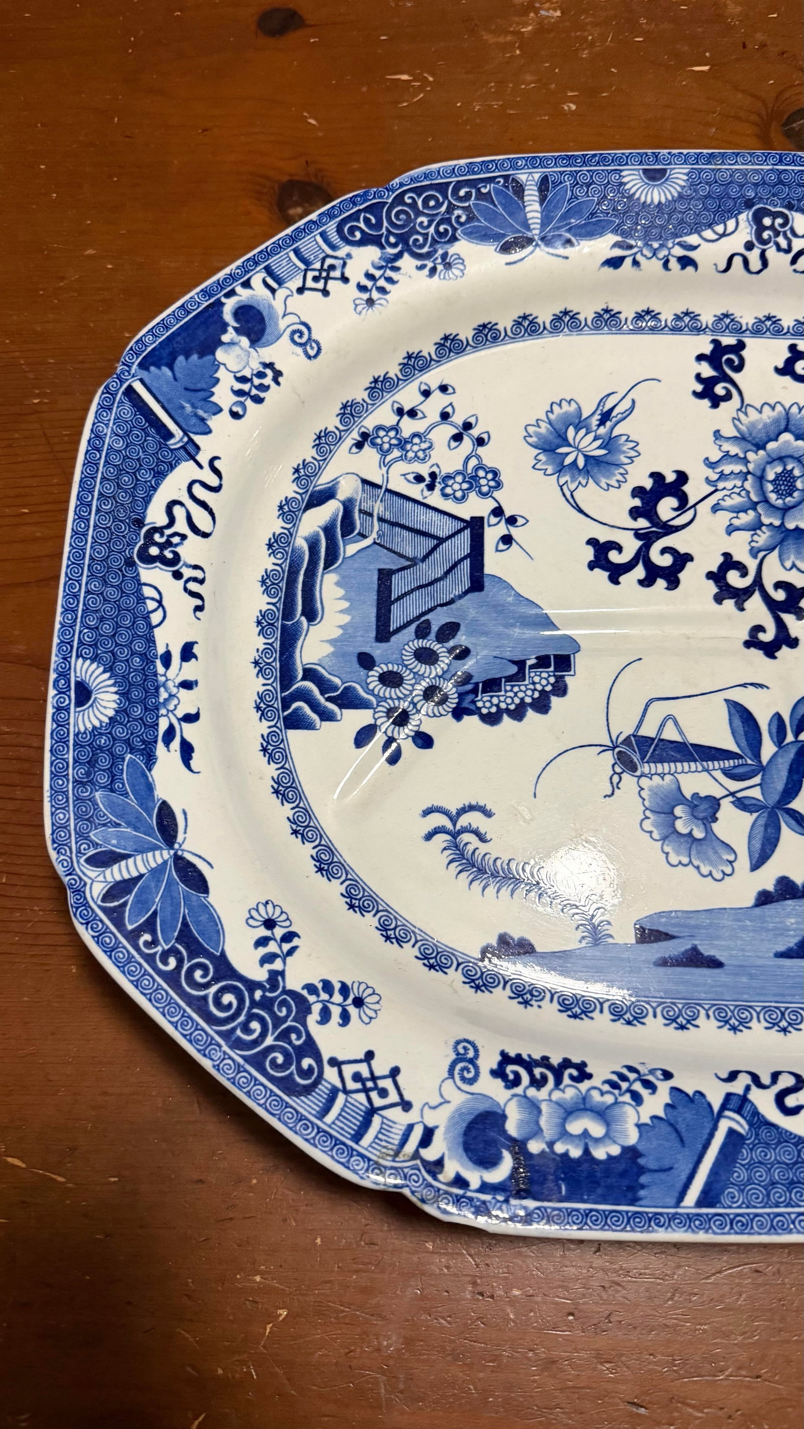Antique Spode Pearlware Blue Transfer "Bird & Grasshopper" Chinoiserie Tree in the Well Meat Platter - 4