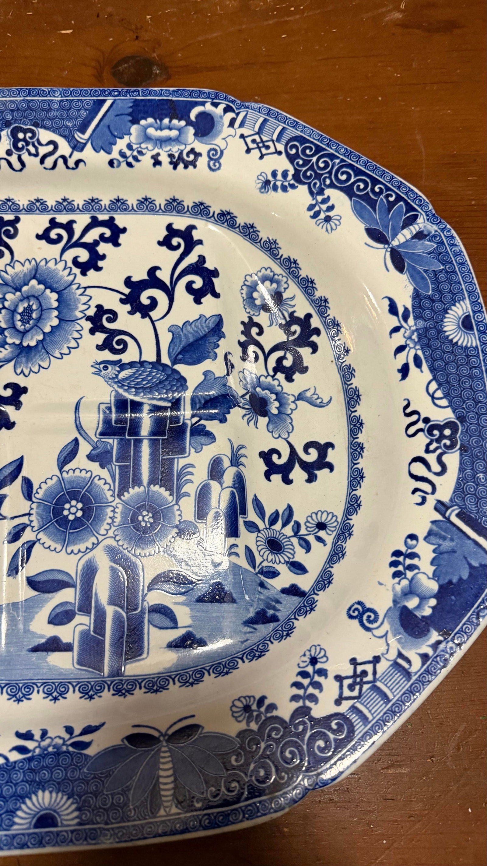 Antique Spode Pearlware Blue Transfer "Bird & Grasshopper" Chinoiserie Tree in the Well Meat Platter - 6
