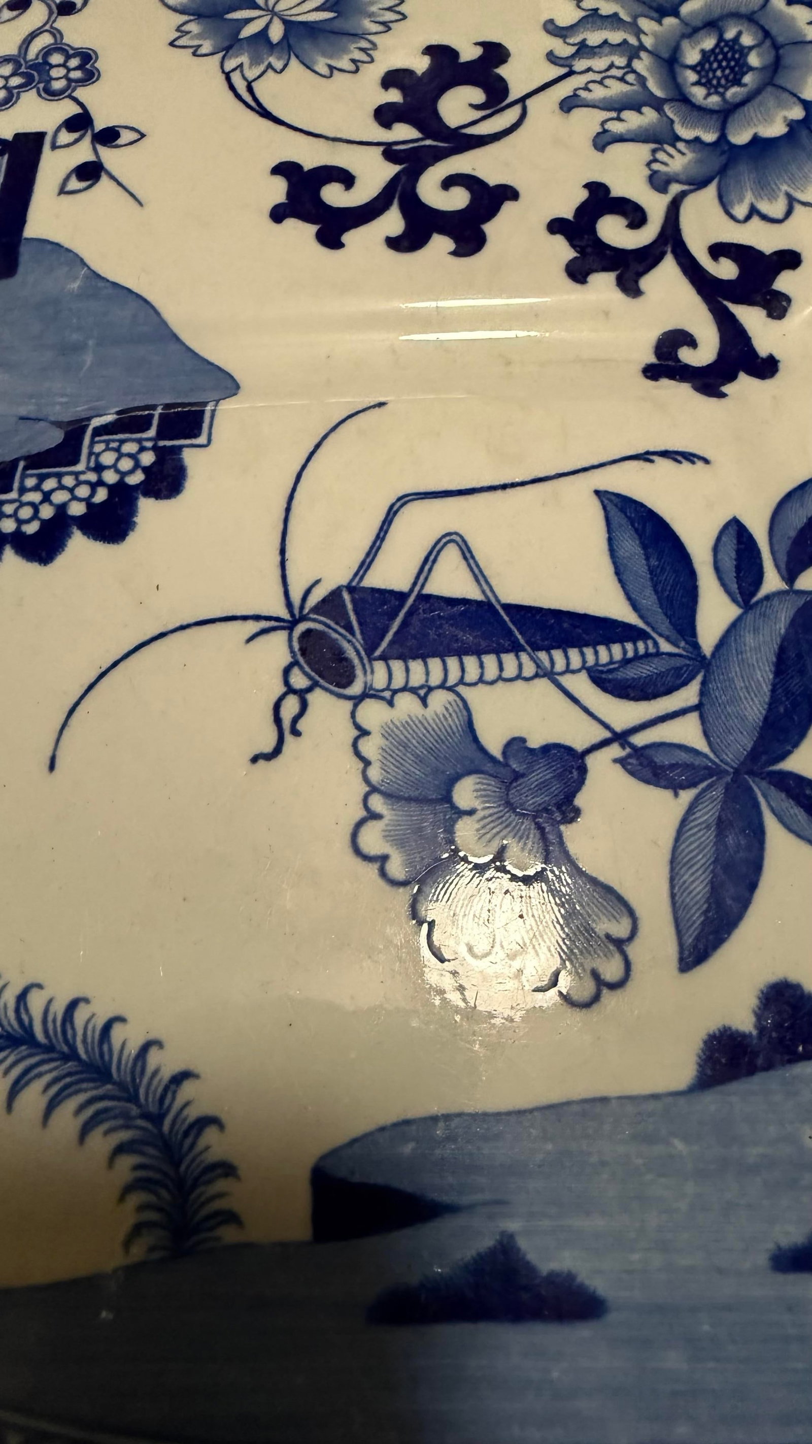 Antique Spode Pearlware Blue Transfer "Bird & Grasshopper" Chinoiserie Tree in the Well Meat Platter - 7
