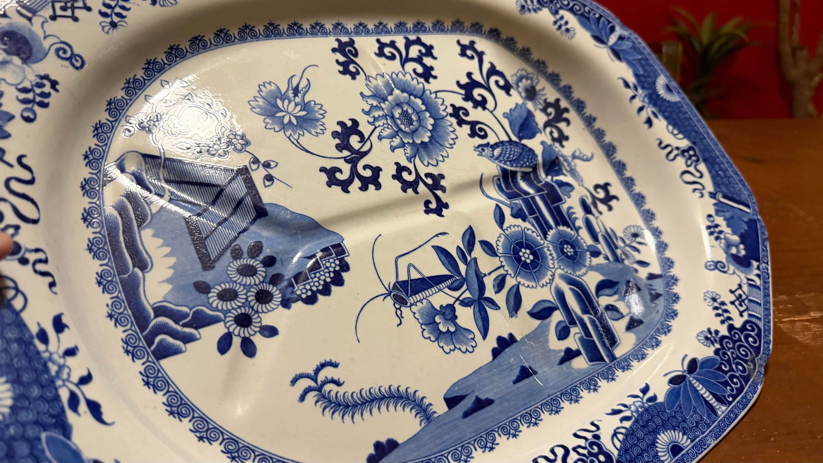 Antique Spode Pearlware Blue Transfer "Bird & Grasshopper" Chinoiserie Tree in the Well Meat Platter - 8
