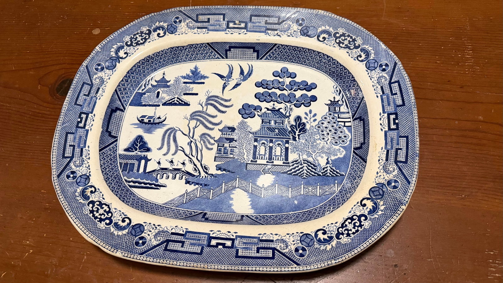 Antique Staffordshire Blue Willow Transfer Ironstone Oval Platter, Circa 1860s - 2