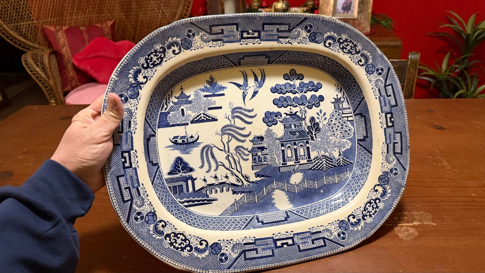 Antique Staffordshire Blue Willow Transfer Ironstone Oval Platter, Circa 1860s - 3