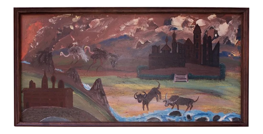 Outsider Art "Animals and Castles" Oil on Panel by Bruno Del Favero (1 of 13)