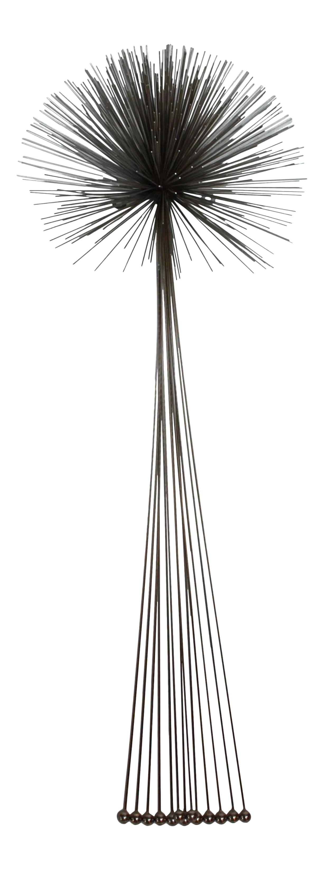 Mixed Metal Curtis Jere Elongated 'Urchin' Wall Sculpture: This uncommon Jere sculpture is comprised of chromed steel 'spores' that together form an urchin or pom-pom figure at the top. A combination of brass and chromed steel rods with steel ball tips