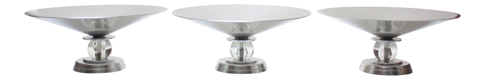 Deco Aluminum 'Stratford' Compotes by Lurelle Guild for Kensington - Set of 3: Nice set of three Art Deco aluminum compotes from the 'Stratford' series (Model 7411), conceived and designed by Lurelle Guild for Kensington in 1934. Only in production until the end of WWII.