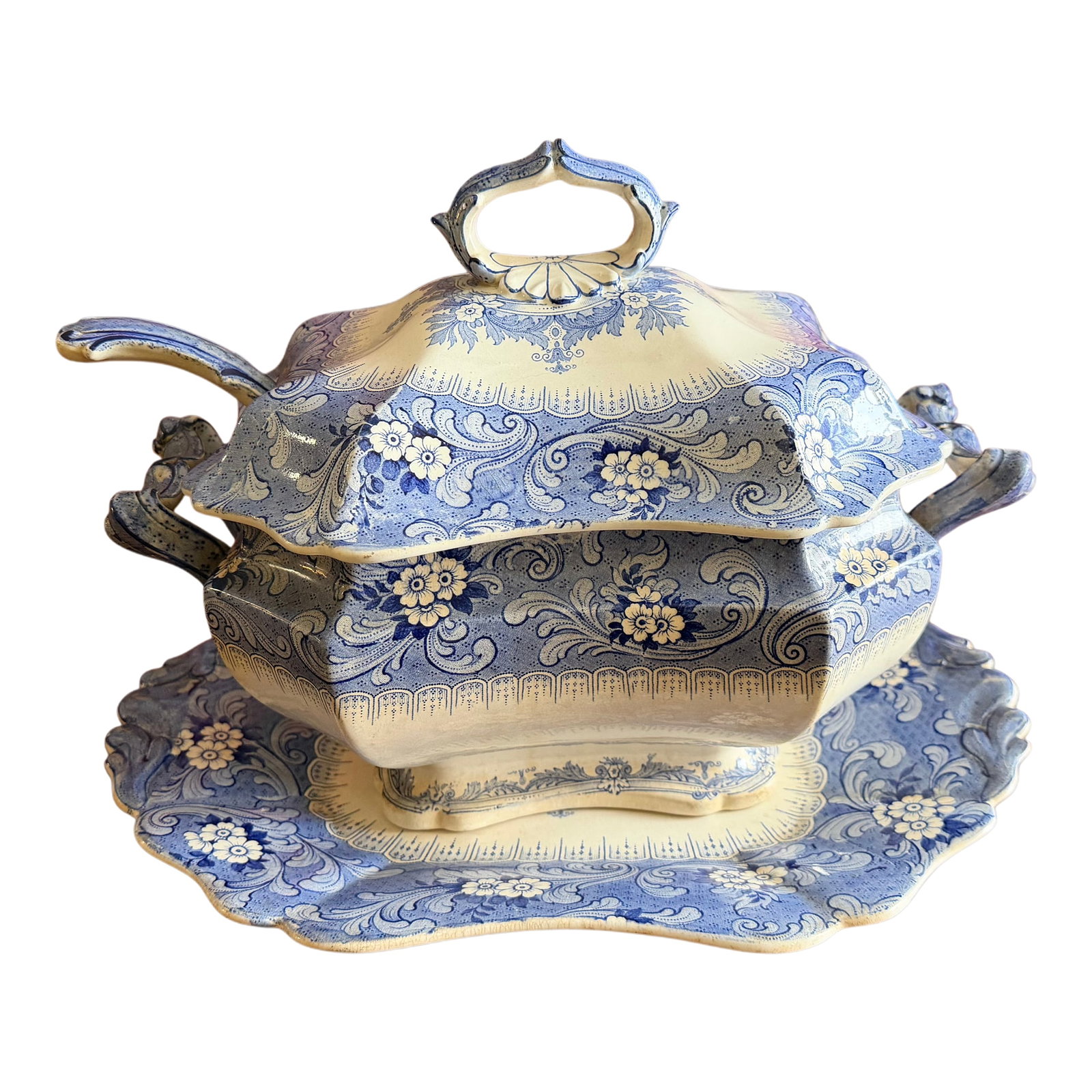 Antique Blue Transfer Decorated Staffordshire Soup Tureen, With Underliner & Ladle, "Clarendon" (1 of 18)