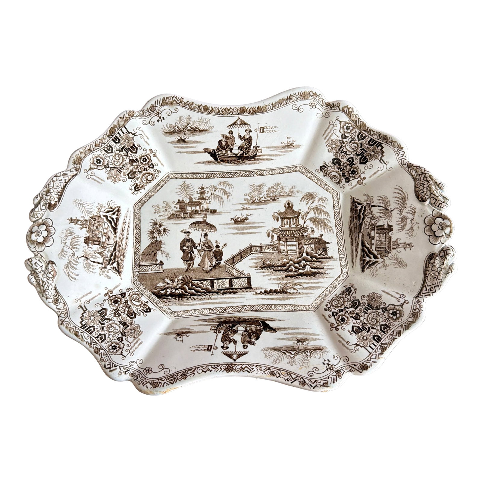 A Antique Brown Transfer Decorated Staffordshire Platter, "Nankin" by Dimmock, Circa 1830's: A Antique Brown Transfer Decorated Staffordshire Platter, "Nankin" by Dimmock, Circa 1830's Made by Thomas Dimmock 1828-1860, of the Albion Street Works and the Tontine Street Works, Hanley (Shelton),