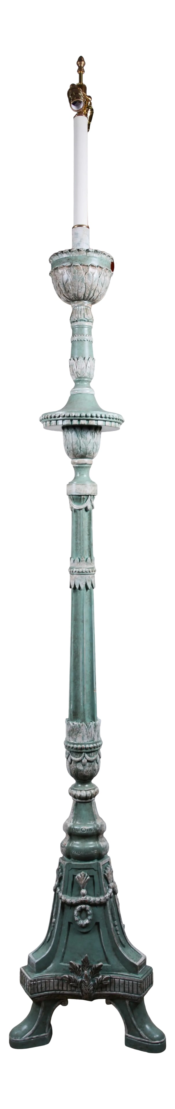 Vintage Victorian Hand-Carved Floor Lamp With Pale Blue Background and White Lines: Vintage Victorian hand-carved floor lamp with green background and white lines. 14" * 84" Condition: Alterations: Original Condition Unaltered Imperfections: Some Imperfections Condition Notes: Good C