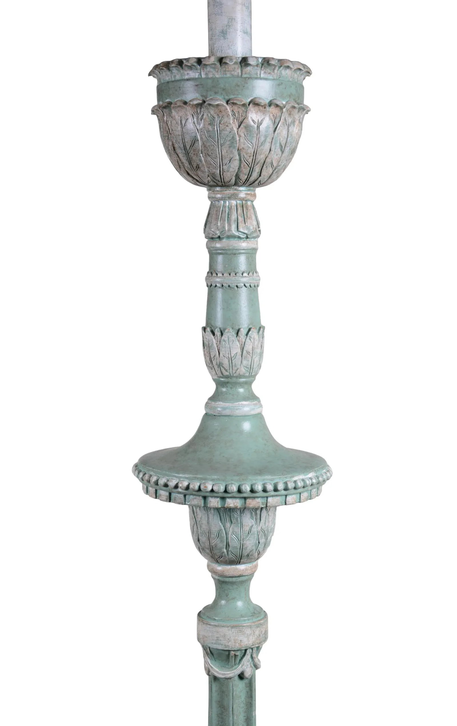 Vintage Victorian Hand-Carved Floor Lamp With Pale Blue Background and White Lines - 4
