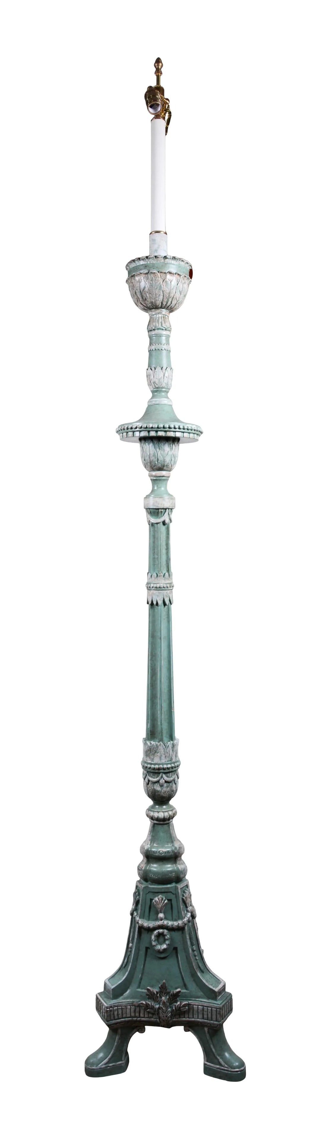 Vintage Victorian Hand-Carved Floor Lamp With Pale Blue Background and White Lines - 6