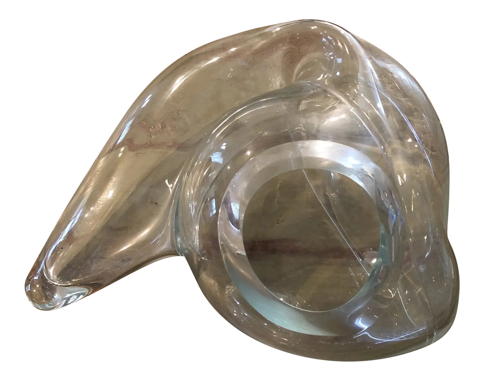 Contemporary Organic and Biomorphic Blown Glass Sculptural Vessel by John Bingham: Organic and irregular but smooth and cool to the touch. John Bingham a Santa Fe New Mexico blown glass artist. This biomorphic vase is Sculptural and beautiful. The forms fold into each other the