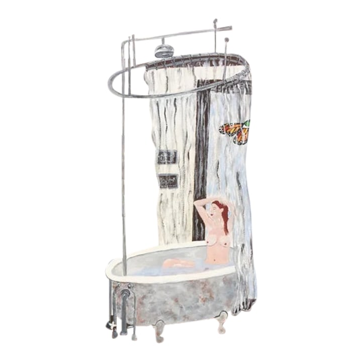 Original Painting on Canvas of Artist's Studio: Detailed and beautiful original painting on canvas of the artist in her studio bathtub, rendered in Fay Sciarra's personal contemporary folk art style. Condition: Imperfections: No Imperfections