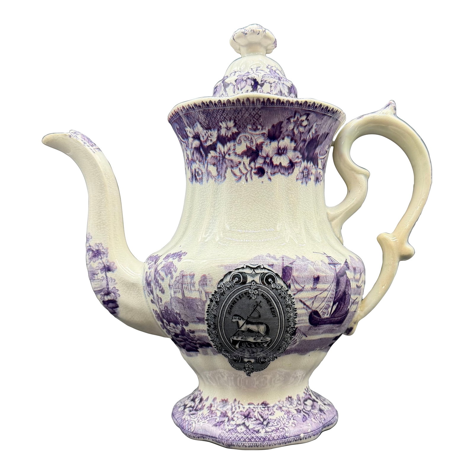 A Very Rare and Unusual Purple and Gray Transferware Decorated Coffeepot, Circa 1830's (1 of 18)