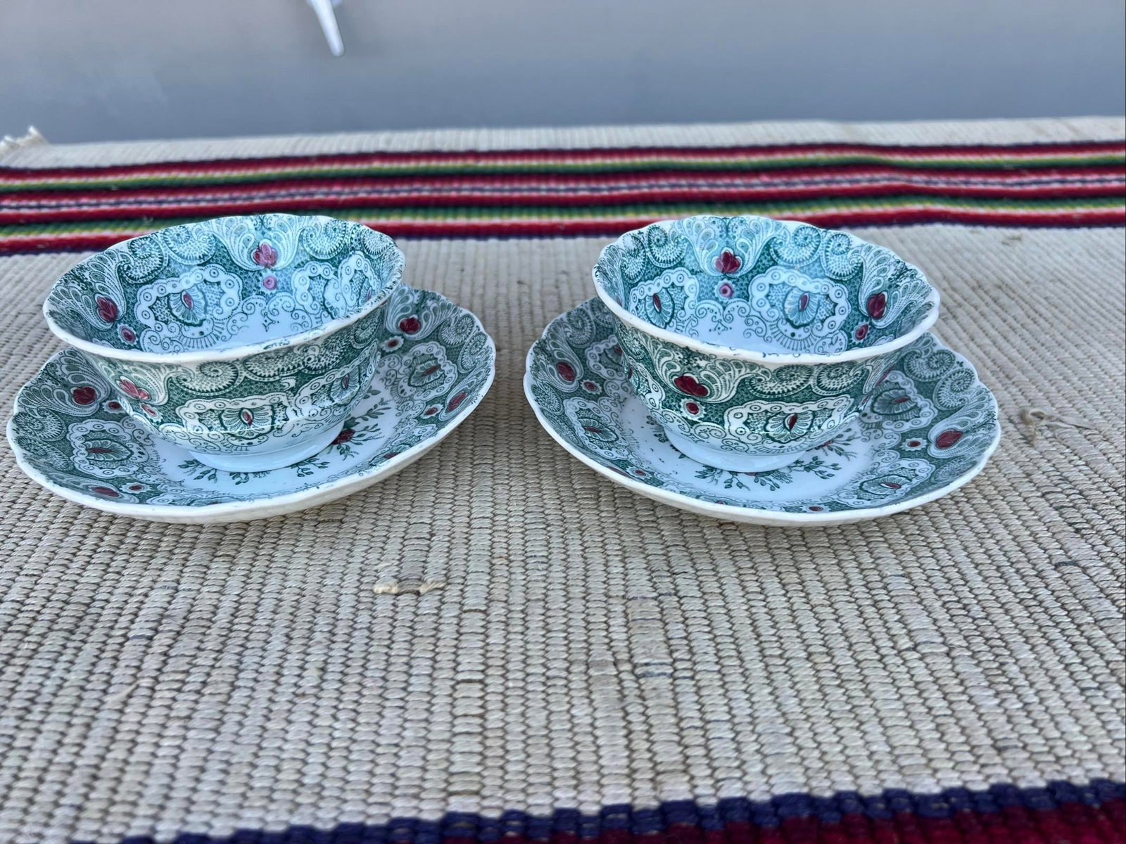 A Pair of Antique Staffordshire Green Transferware Decorated Cups and Saucers, by Adams, Circa 1830' - 16