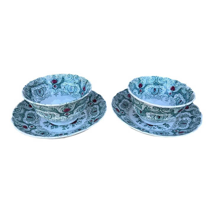 A Pair of Antique Staffordshire Green Transferware Decorated Cups and Saucers, by Adams, Circa 1830': A Pair of Antique Staffordshire Green Transferware Decorated Cups and Saucers, by Adams, Circa 1830's Made by the William Adams & Sons Company of Tunstall, Stoke on Trent, England., circa 1830's
