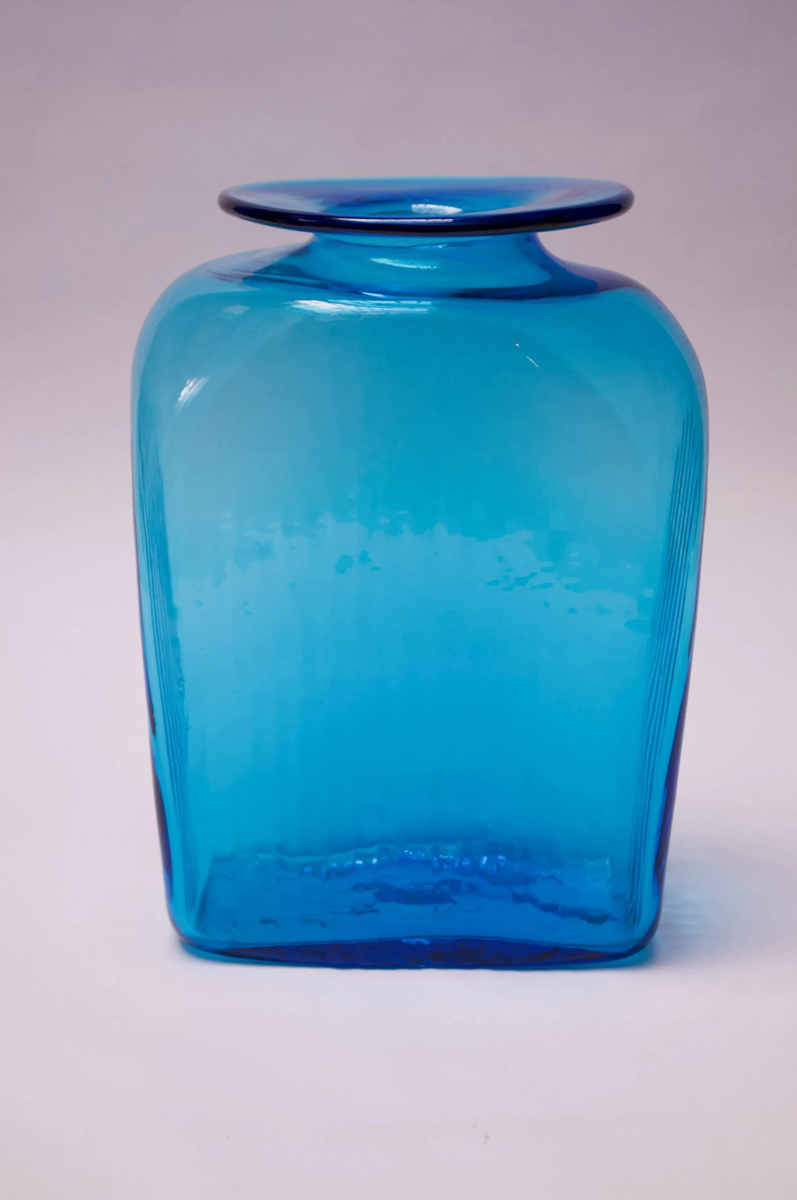 Large Blenko Blown Glass Turquoise Asymmetrical "Ribbed" Vase - 12
