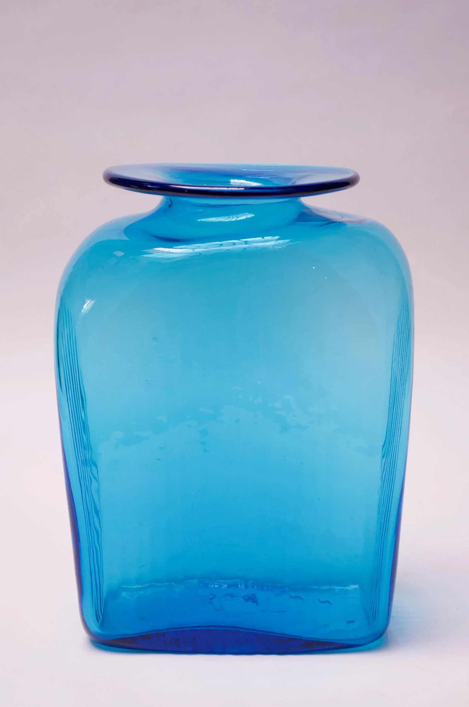 Large Blenko Blown Glass Turquoise Asymmetrical "Ribbed" Vase - 2