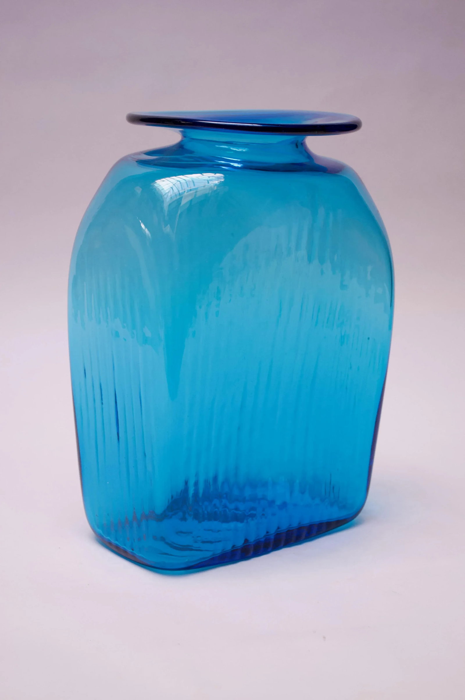 Large Blenko Blown Glass Turquoise Asymmetrical "Ribbed" Vase - 4