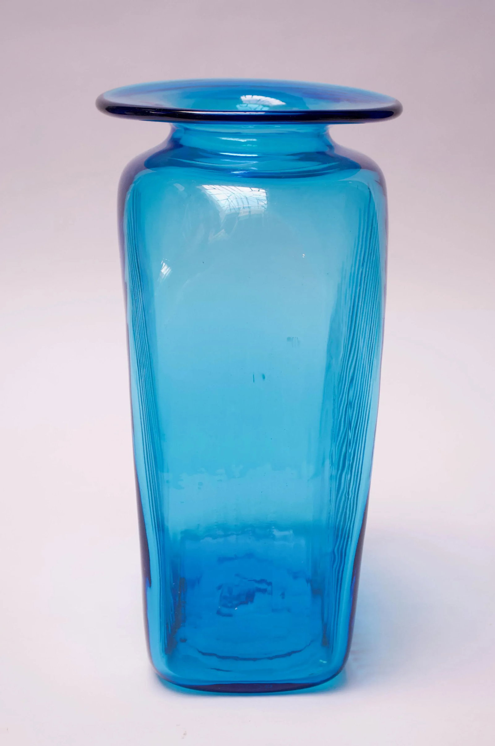 Large Blenko Blown Glass Turquoise Asymmetrical "Ribbed" Vase - 5