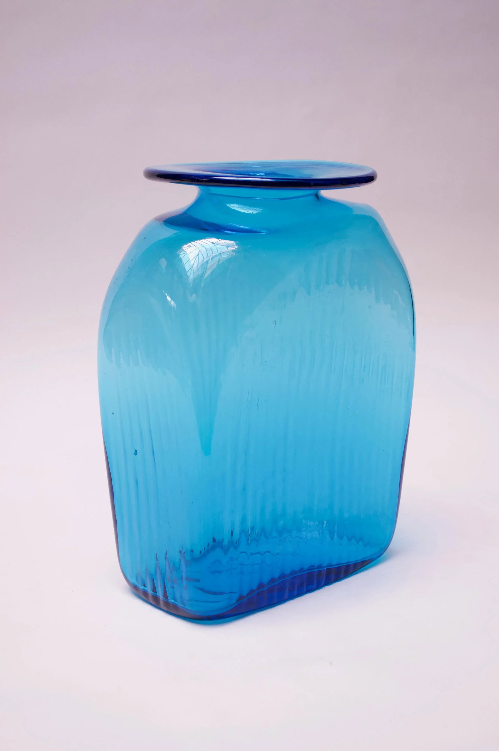 Large Blenko Blown Glass Turquoise Asymmetrical "Ribbed" Vase - 9