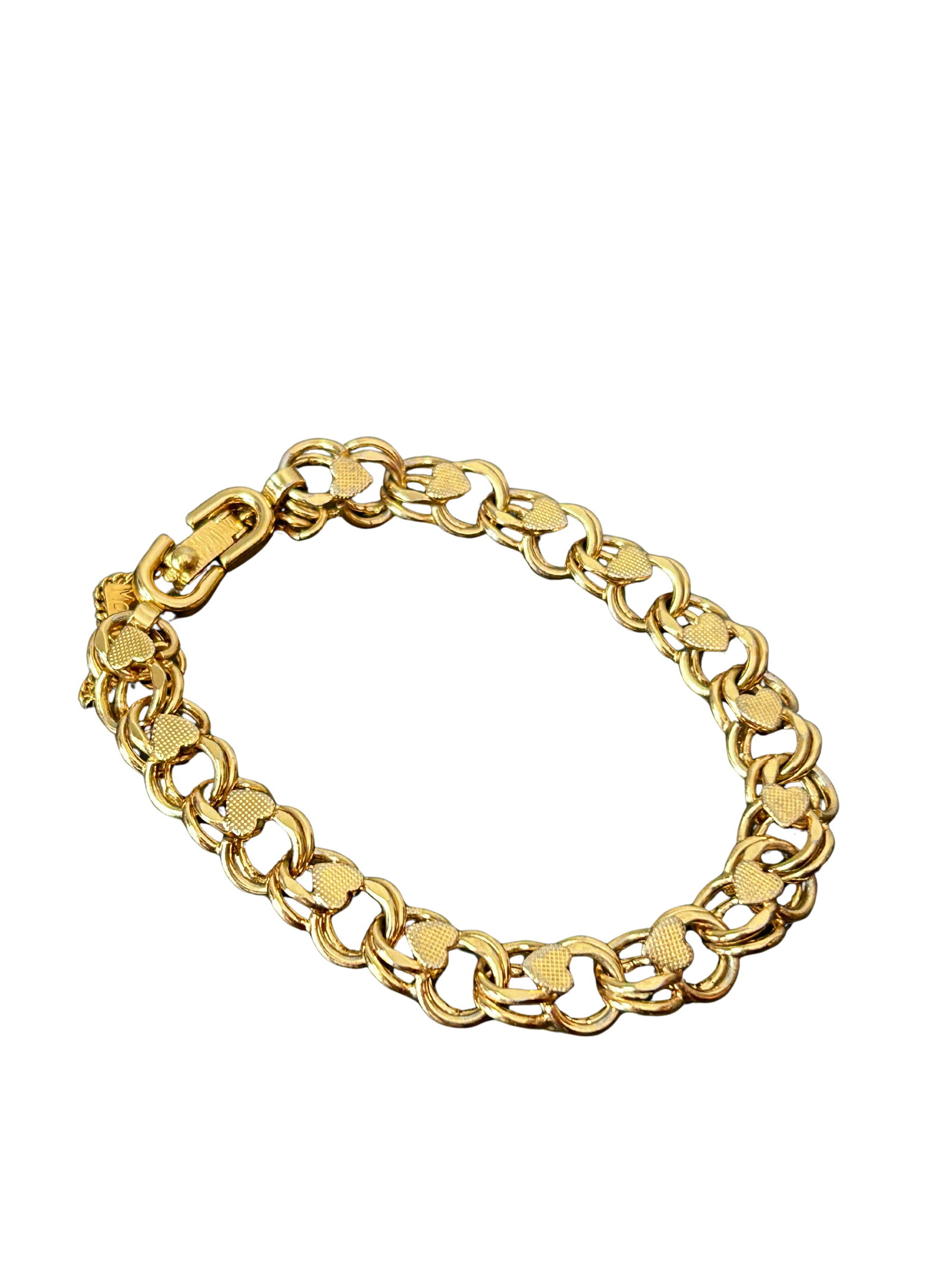 Vintage Monet Signed Gold-Tone Textured Heart Link Charm Bracelet | Mid-Century Designer Costume Jew - 2