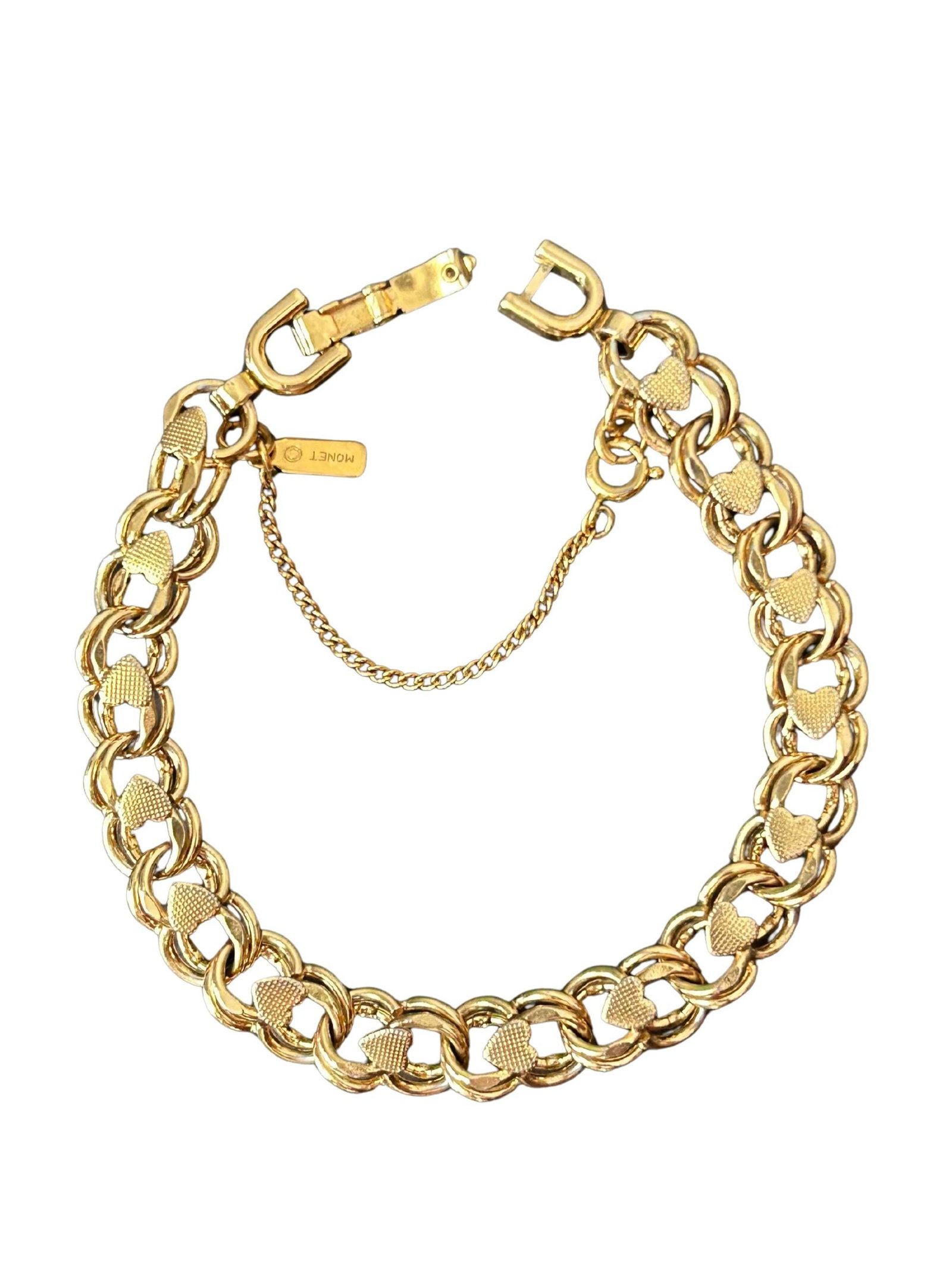 Vintage Monet Signed Gold-Tone Textured Heart Link Charm Bracelet | Mid-Century Designer Costume Jew - 3