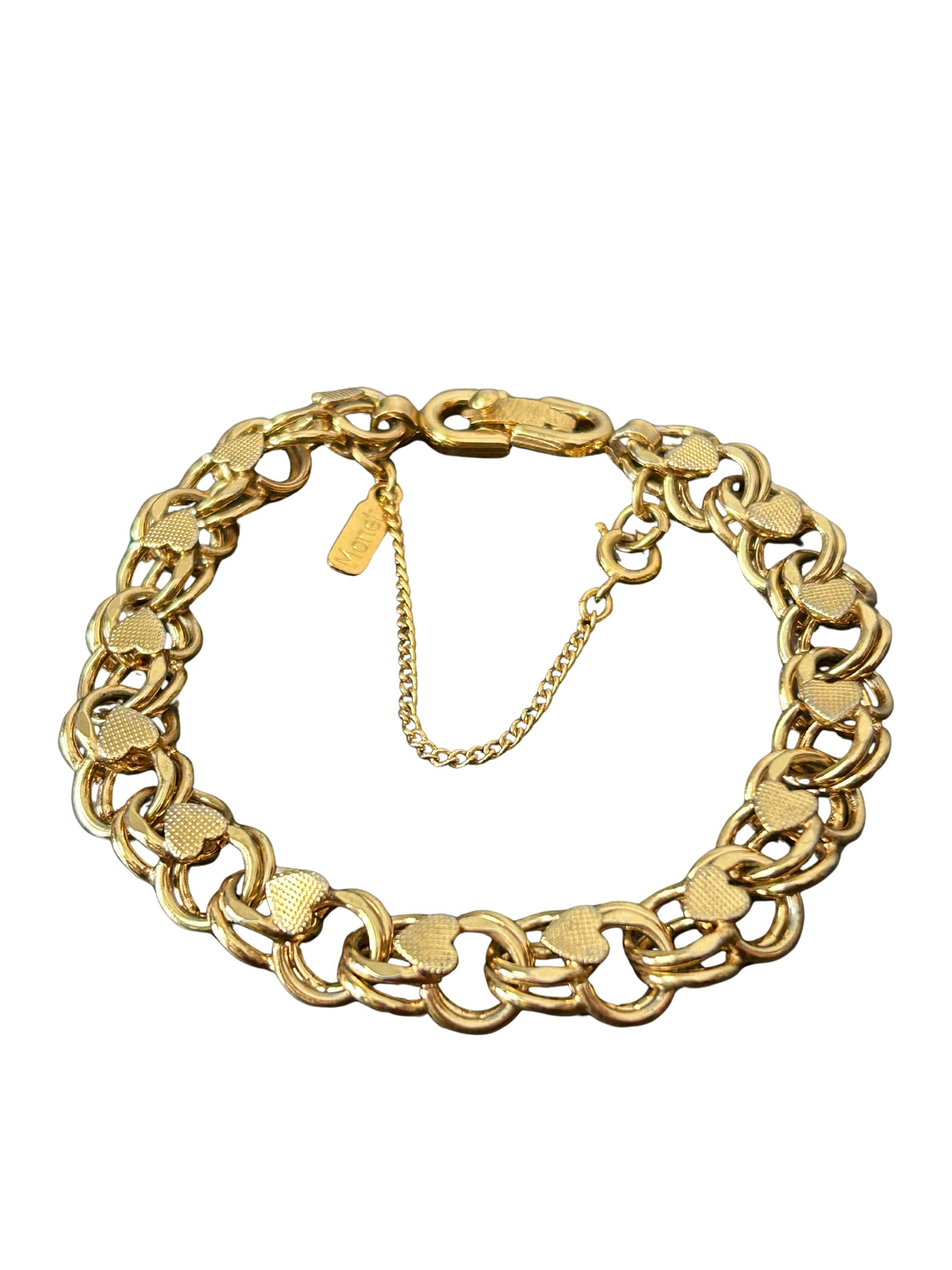 Vintage Monet Signed Gold-Tone Textured Heart Link Charm Bracelet | Mid-Century Designer Costume Jew - 4