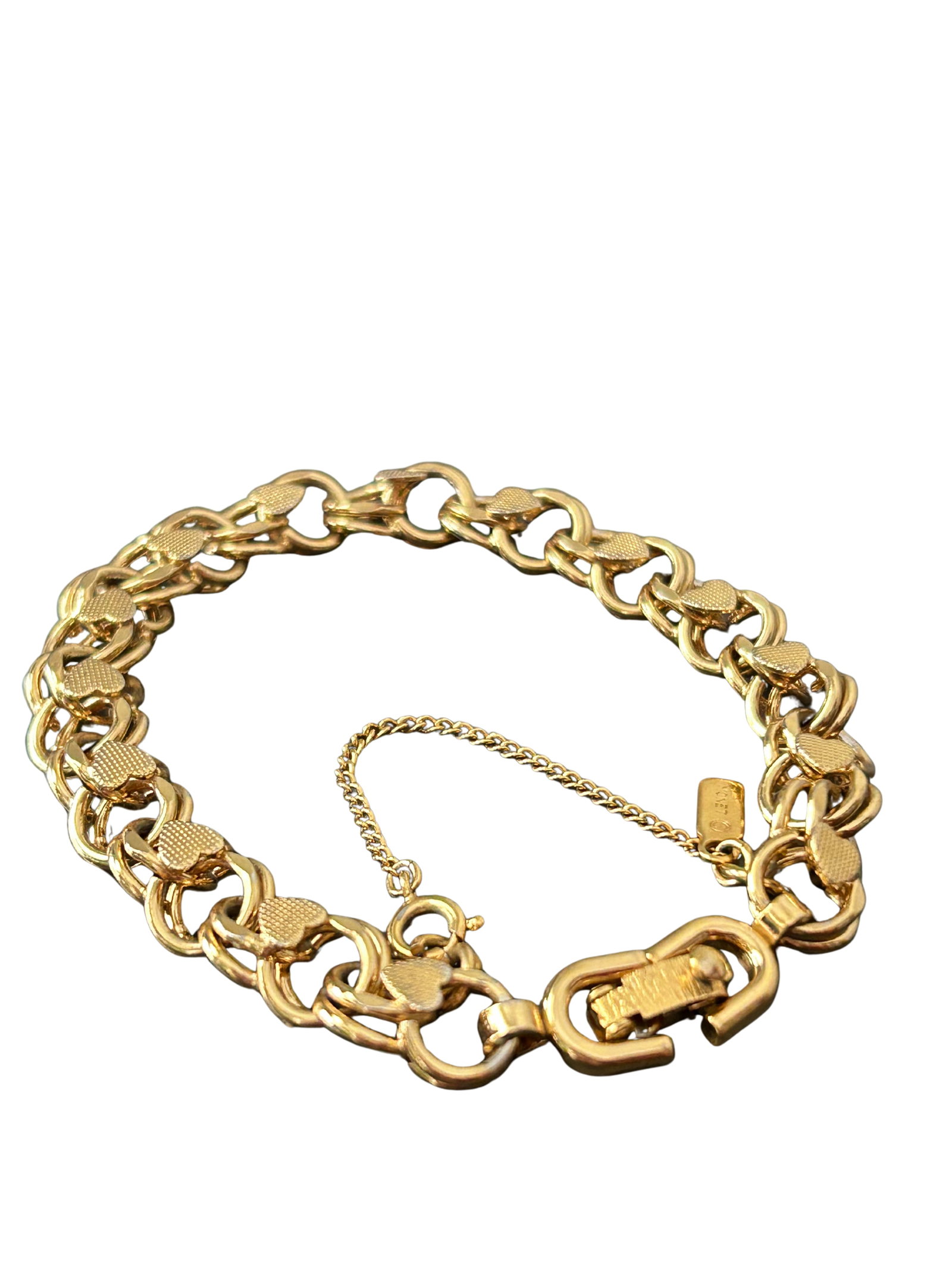 Vintage Monet Signed Gold-Tone Textured Heart Link Charm Bracelet | Mid-Century Designer Costume Jew - 5