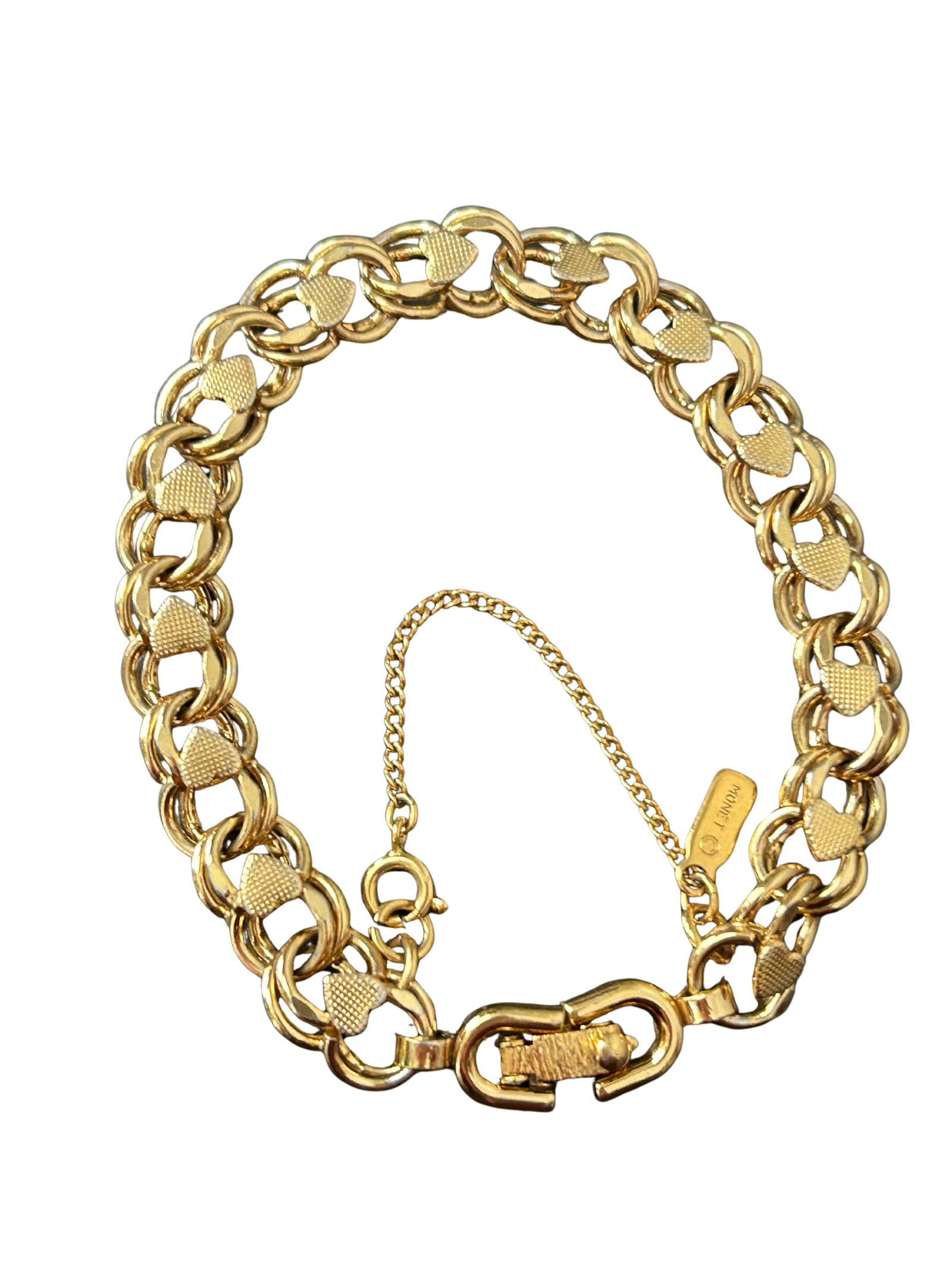 Vintage Monet Signed Gold-Tone Textured Heart Link Charm Bracelet | Mid-Century Designer Costume Jew - 6