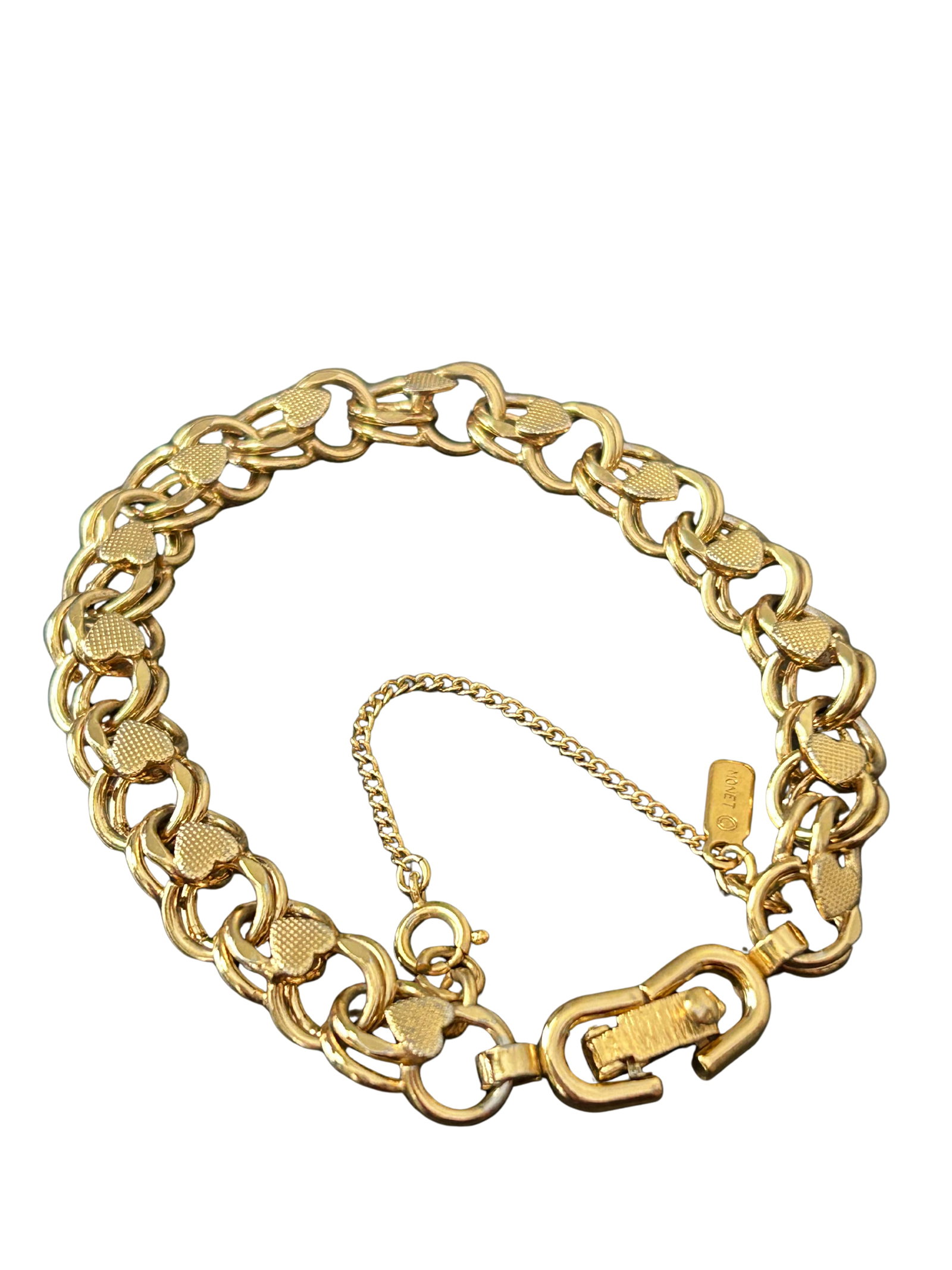 Vintage Monet Signed Gold-Tone Textured Heart Link Charm Bracelet | Mid-Century Designer Costume Jew - 7