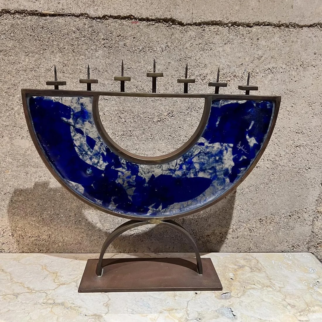 Postmodern 2000s Menorah Seven Arm Blue Fused Art Glass Bronze Signed - 10