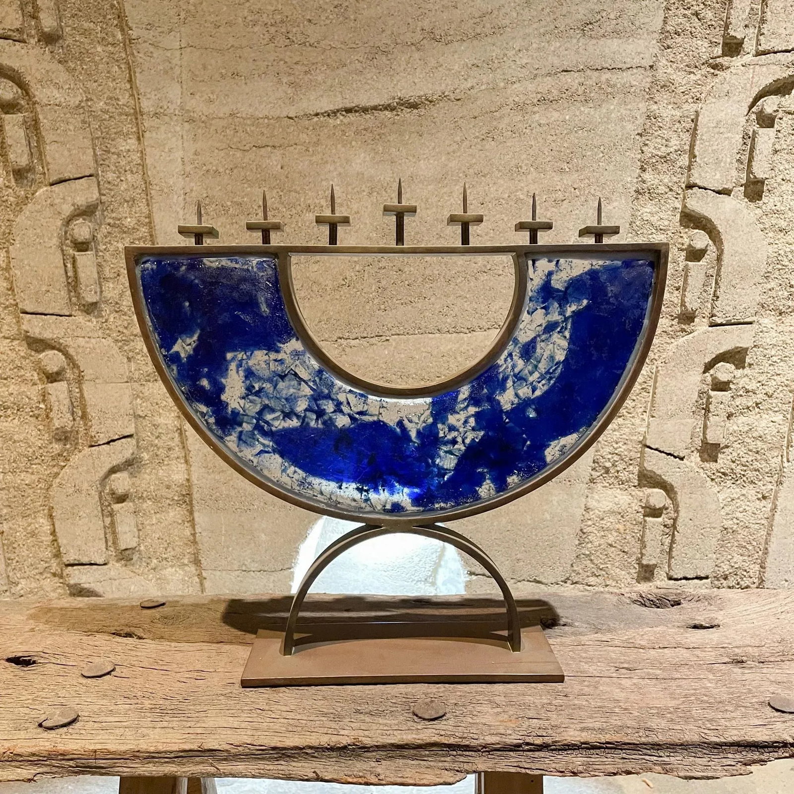 Postmodern 2000s Menorah Seven Arm Blue Fused Art Glass Bronze Signed - 11