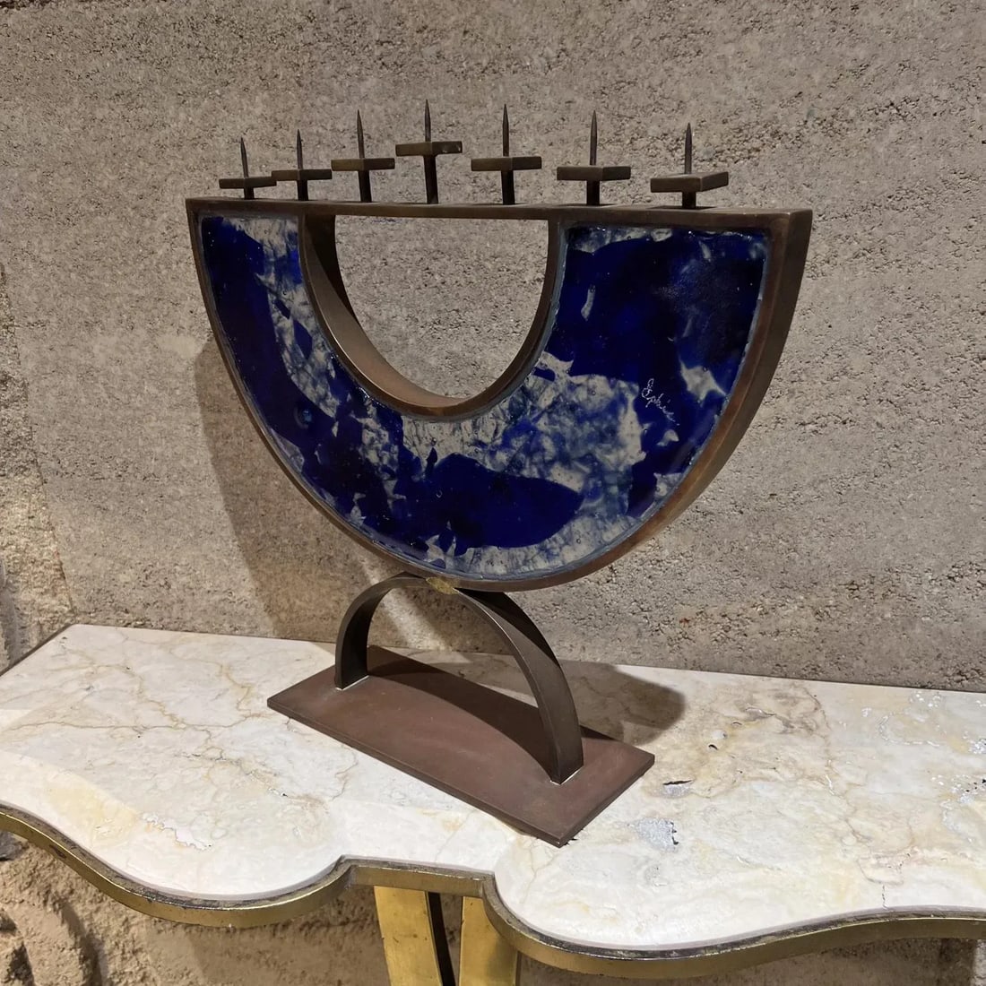 Postmodern 2000s Menorah Seven Arm Blue Fused Art Glass Bronze Signed - 12