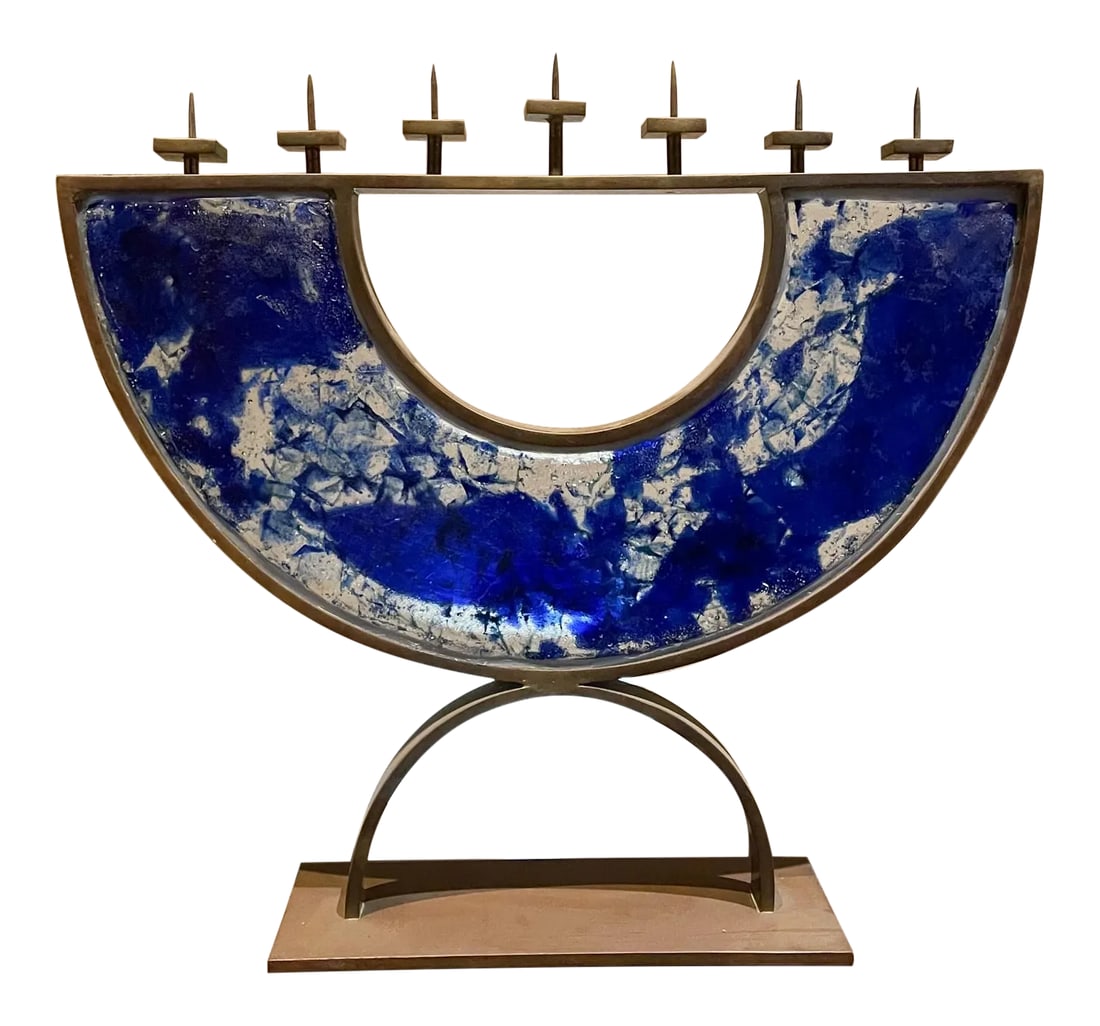 Postmodern 2000s Menorah Seven Arm Blue Fused Art Glass Bronze Signed: For your consideration, a contemporary Jewish 7 Arm Menorah Jerusalem Sea blue fused art glass and bronze. The seven lamps allude to the branches of human knowledge, represented by the six lamps