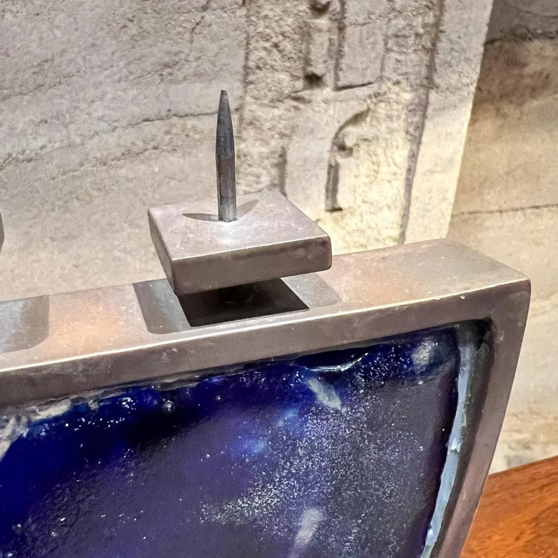 Postmodern 2000s Menorah Seven Arm Blue Fused Art Glass Bronze Signed - 2