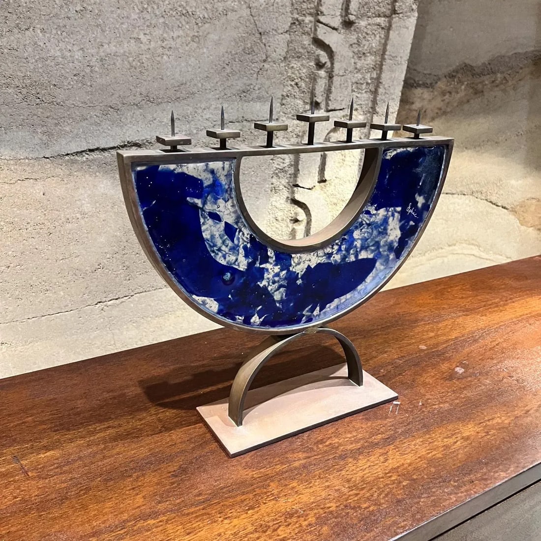 Postmodern 2000s Menorah Seven Arm Blue Fused Art Glass Bronze Signed - 5