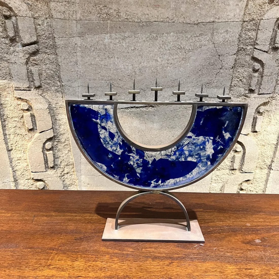 Postmodern 2000s Menorah Seven Arm Blue Fused Art Glass Bronze Signed - 6
