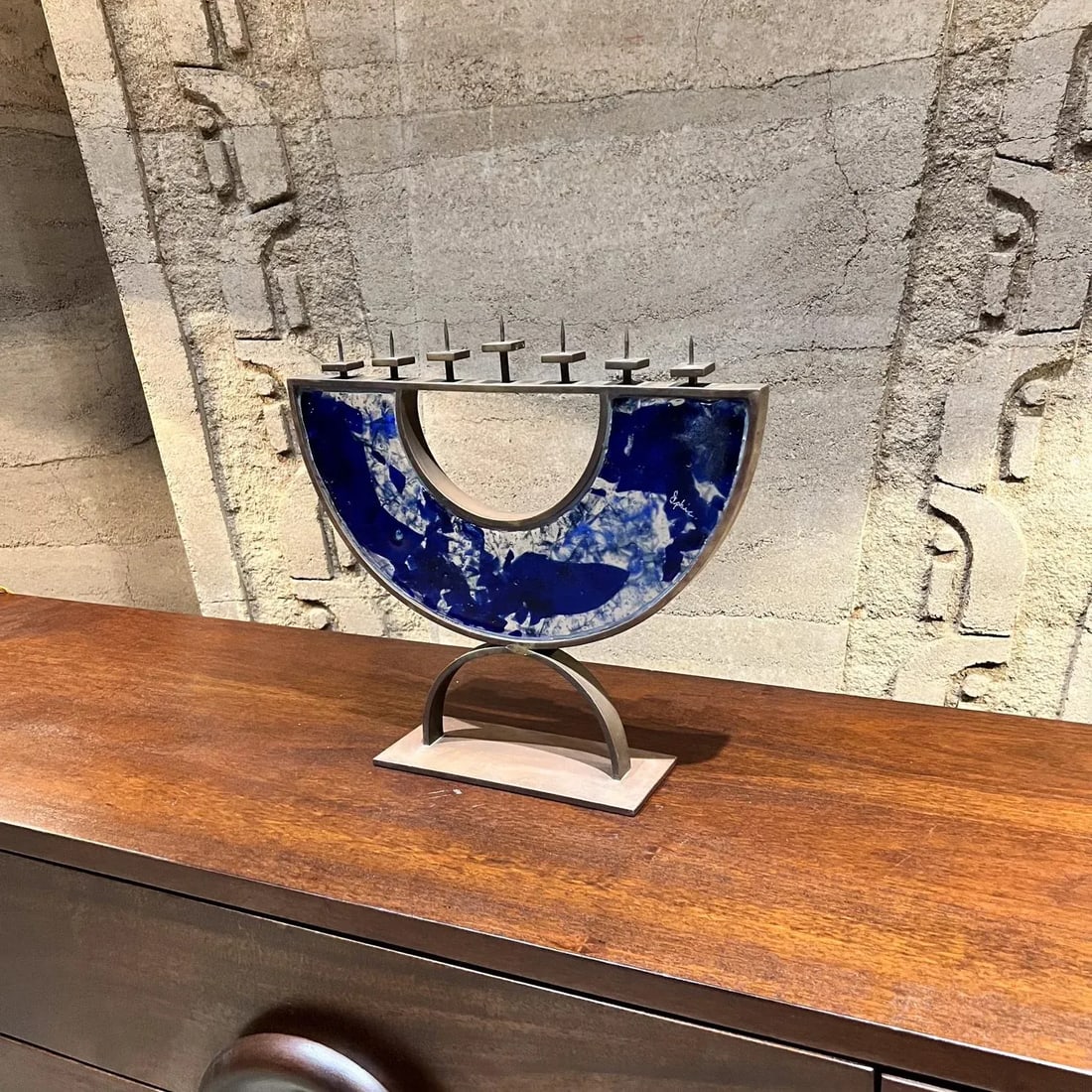 Postmodern 2000s Menorah Seven Arm Blue Fused Art Glass Bronze Signed - 8