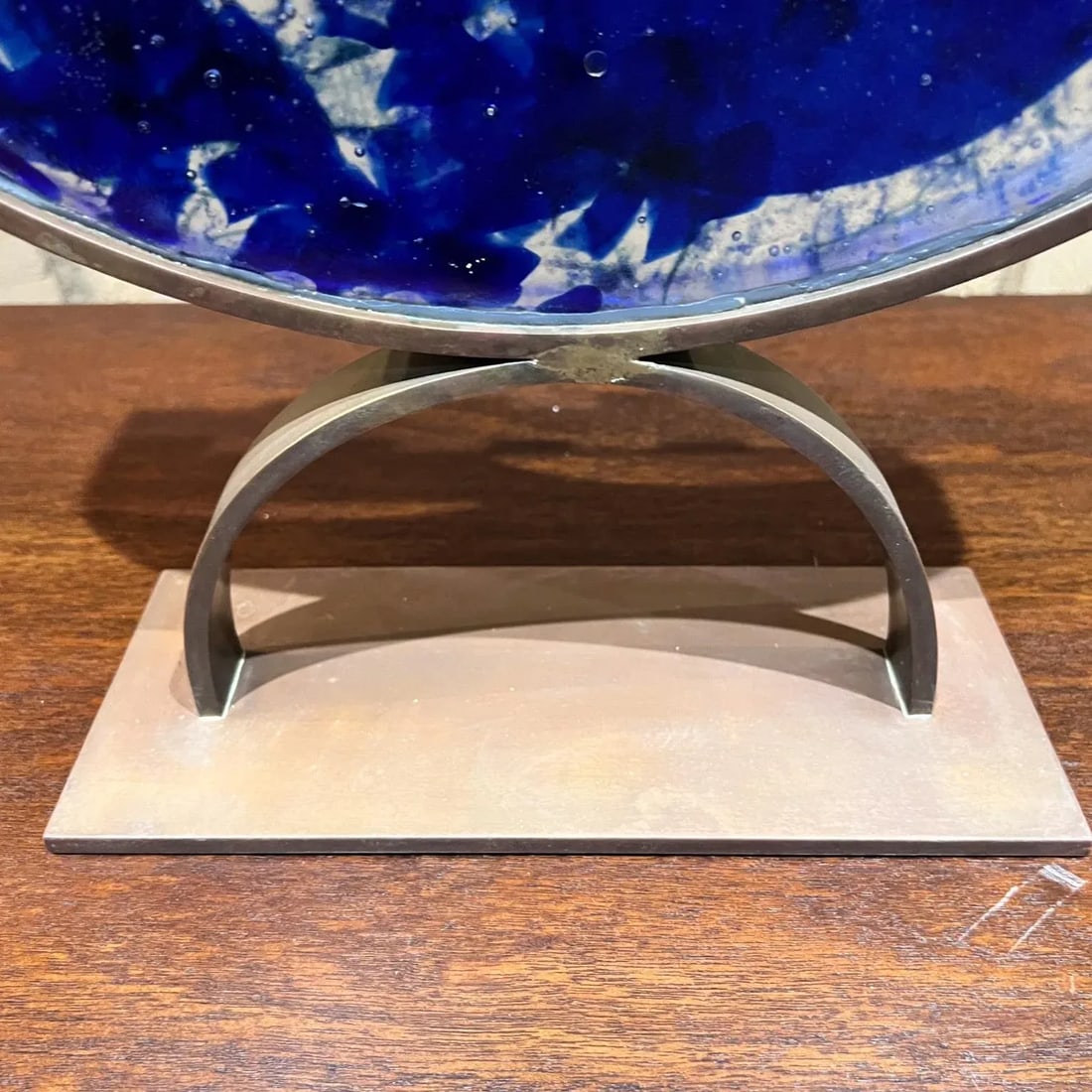 Postmodern 2000s Menorah Seven Arm Blue Fused Art Glass Bronze Signed - 9