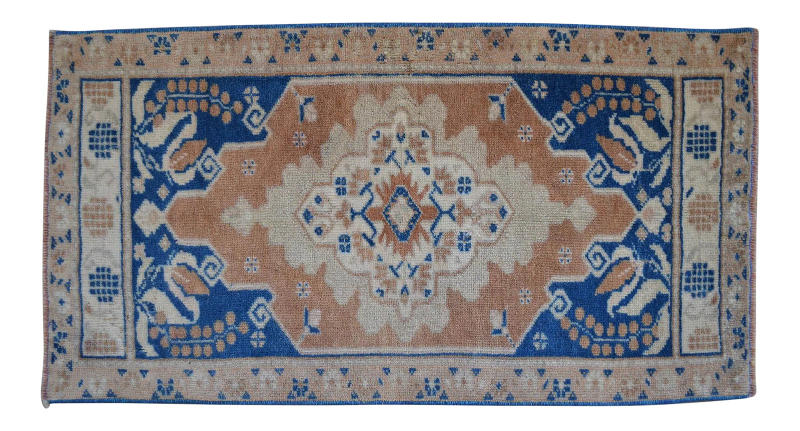 Vintage Hand Knotted Small Turkish Oushak Rug Doormat Entryway Decor - 1"²8"³ ×: Vintage Turkish Hand-Knotted Small Rug from Oushak, 1970s. Authentic mini village mat featuring camel-tan tones and mid-blue Anatolian motifs "” perfect for doorways or kitchen corners. This cha