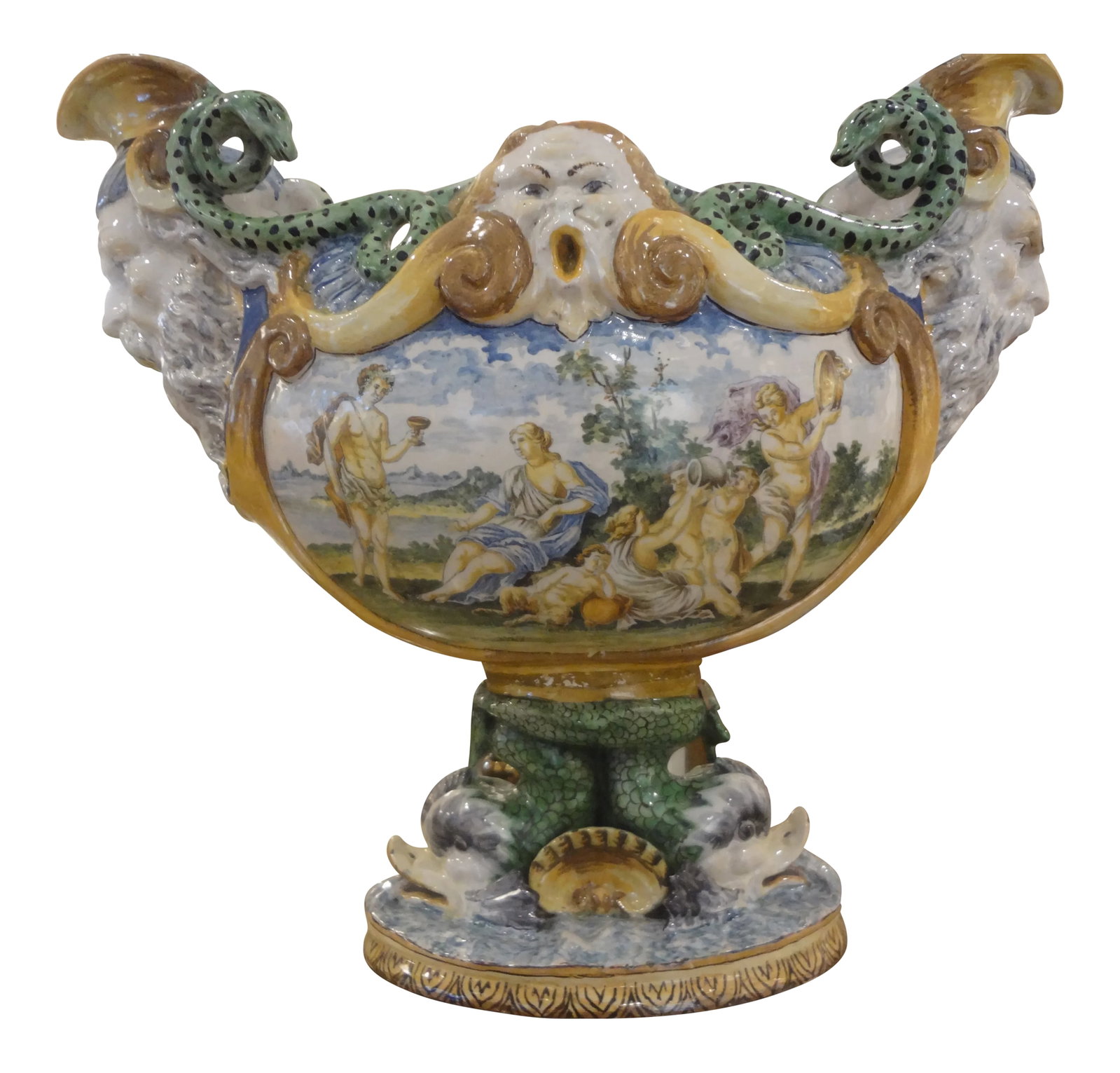Early 20th Century Italian Majolica Urn: Early 20th Century Italian Majolica Urn. This Gorgeous Italian Majolica Or Maiolica Urn Or Jardiniere Is Hand Decorated With Serpents, Dolphins And Shells. Large Enough To Accommodate Your Favorite Or