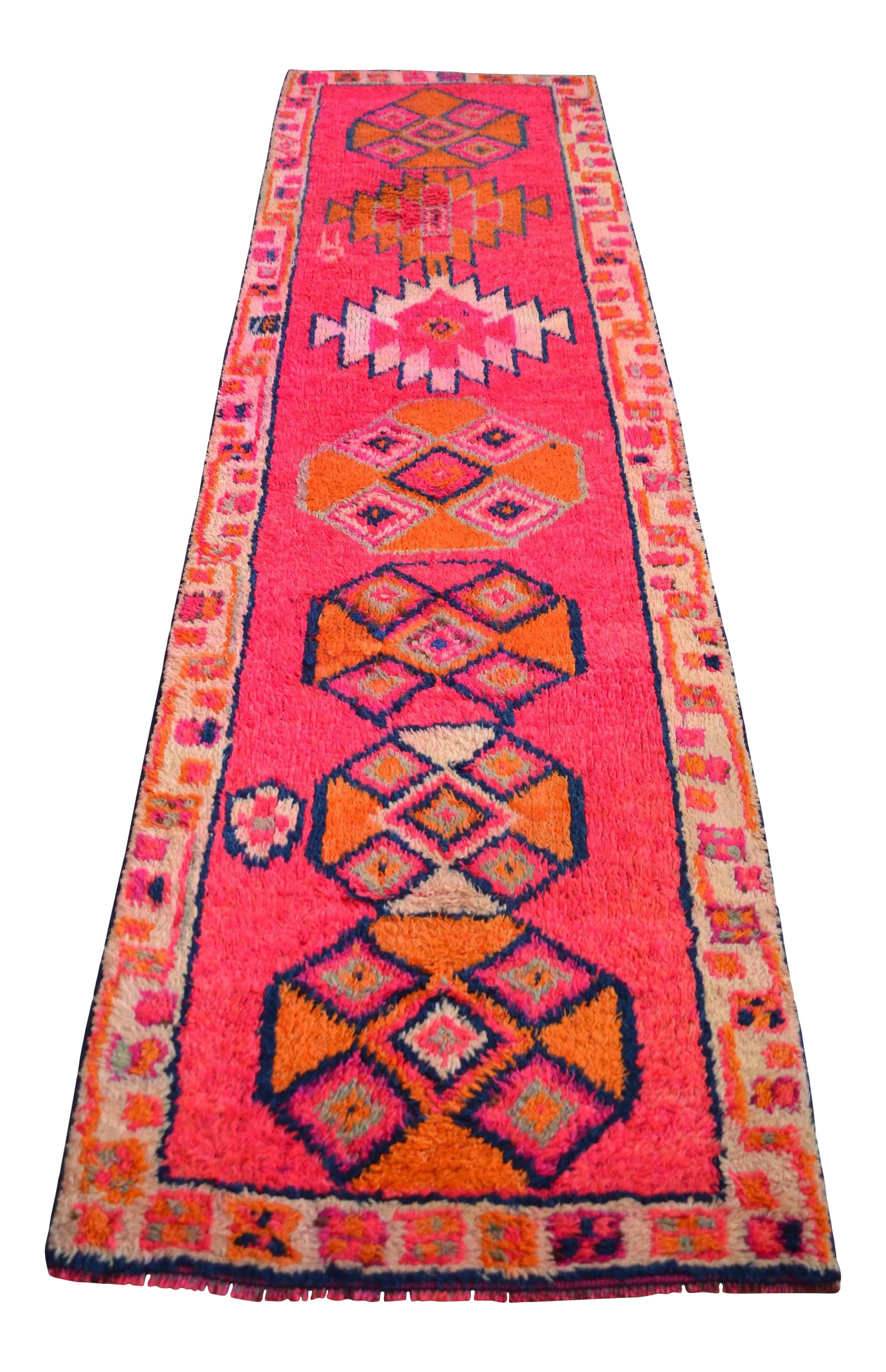 1970s Kurdish Herki Hand-Knotted Hot Pink Tribal Runner - 2"²11"³ × 10"²8"³: Offered is a matchless Kurdish runner rug, made in Hakkari approximately 50-60 years ago. The beautiful wool on wool high pile features multicolored large geometric patterns on a hot pink background.