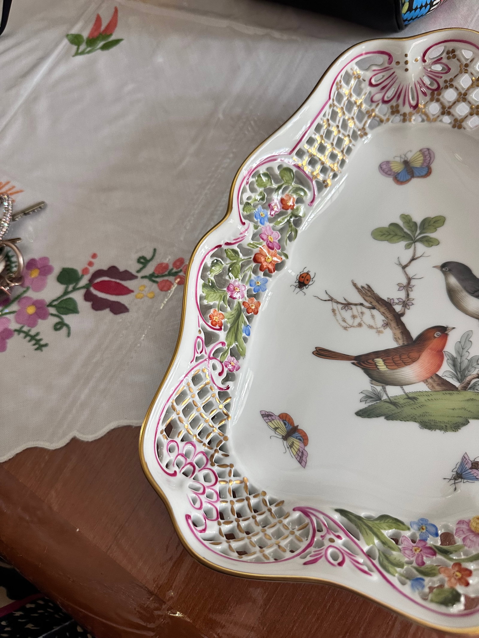 Herend Rothschild Openwork Triangular Dish With Birds - 10