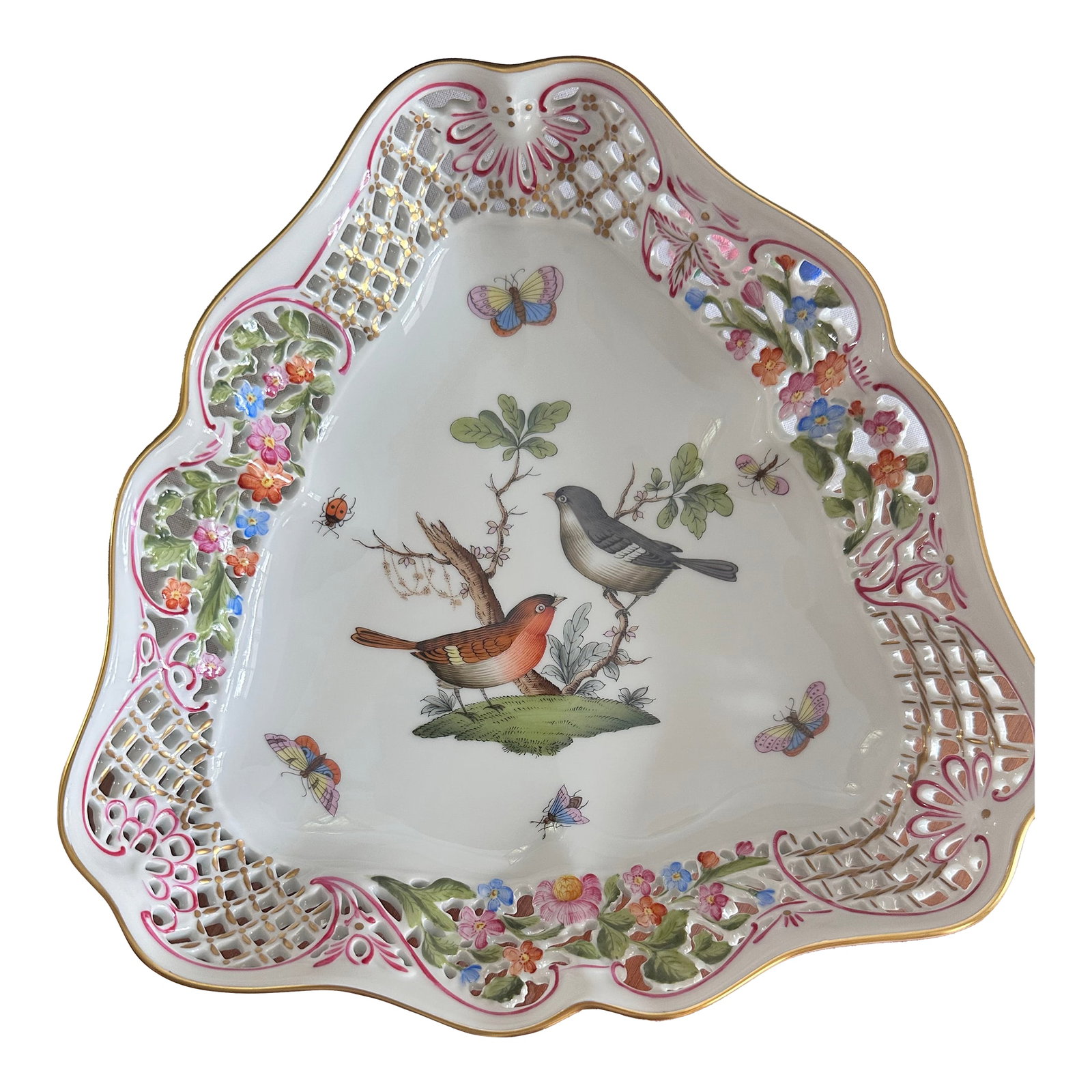 Herend Rothschild Openwork Triangular Dish With Birds: Triangular hand painted Herend Hungary bird dish My parents are from Hungary and brought beautiful items back every time they went back for decades. I am selling off part of the huge collection I inhe