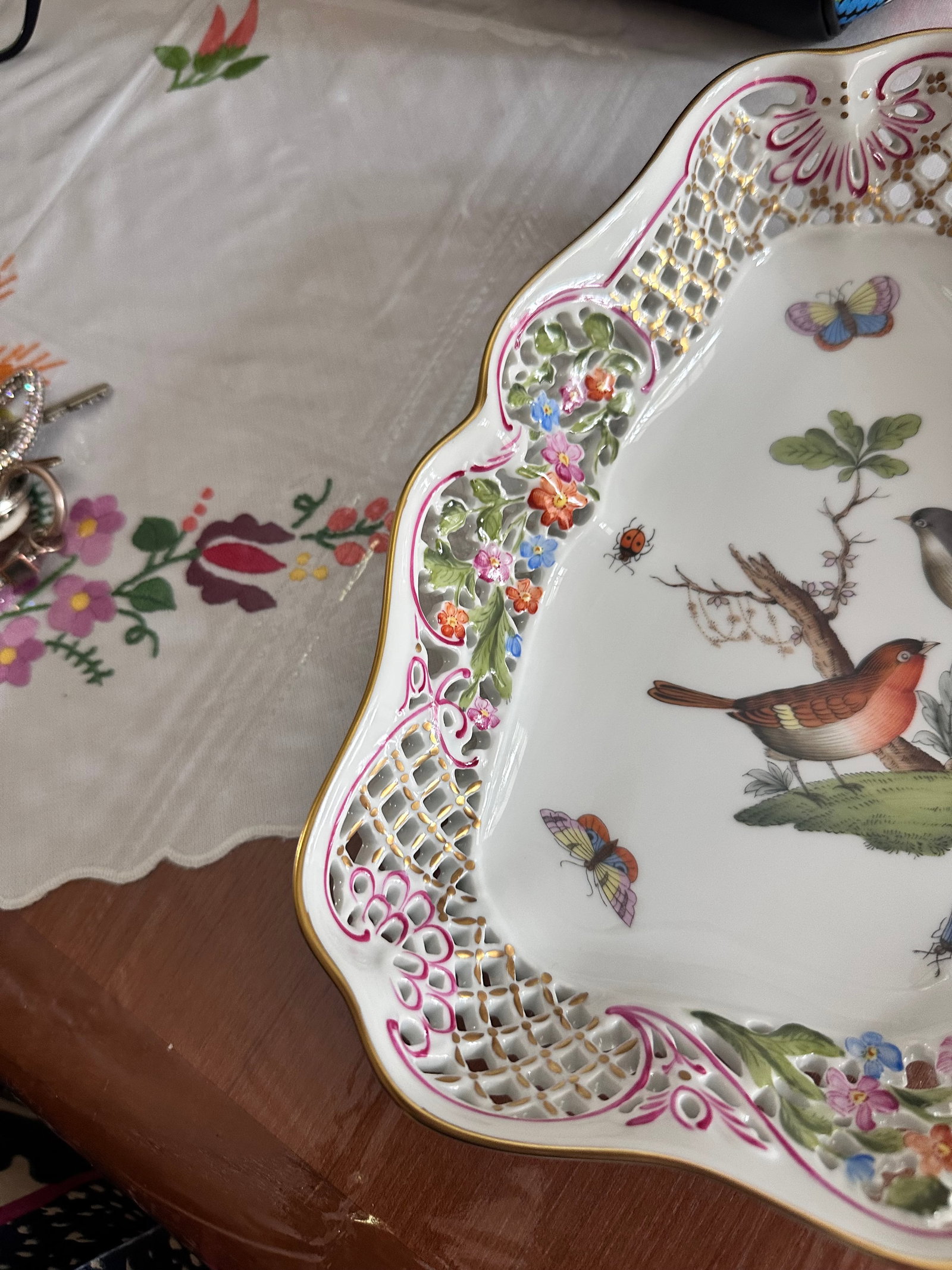 Herend Rothschild Openwork Triangular Dish With Birds - 7