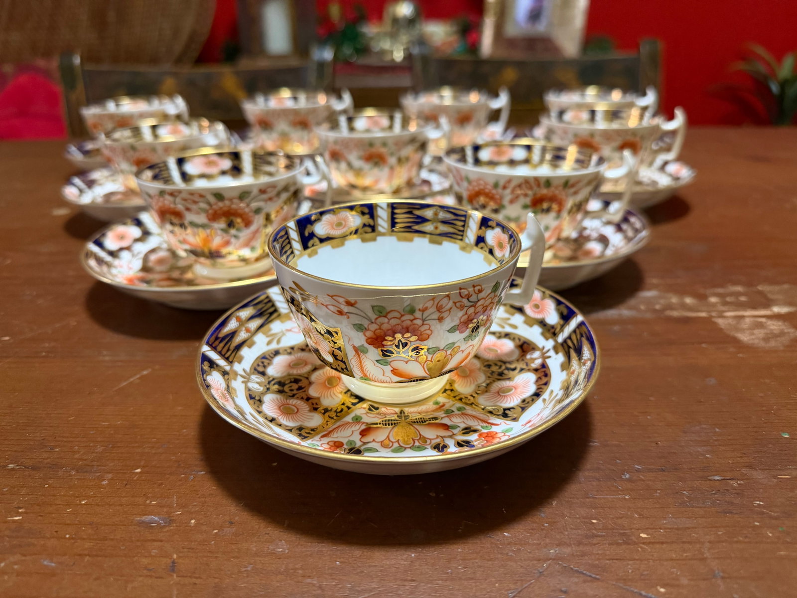 1860s Royal Crown Derby Imari Pattern Cups and Saucers by Stevenson & Hancock - Set of 10 - 15